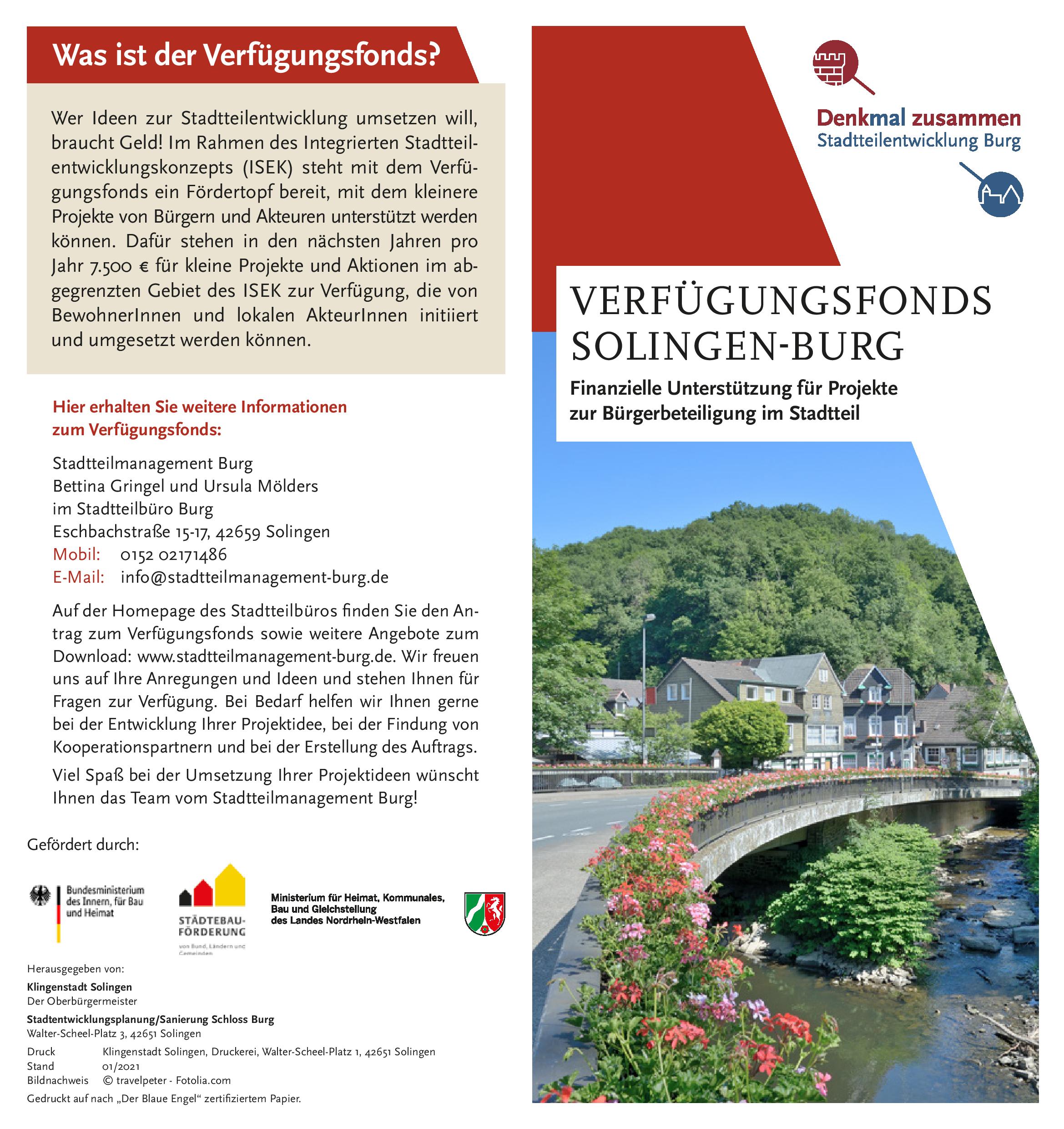 Flyer Verfügungsfonds Solingen Burg Vorderseite 2021